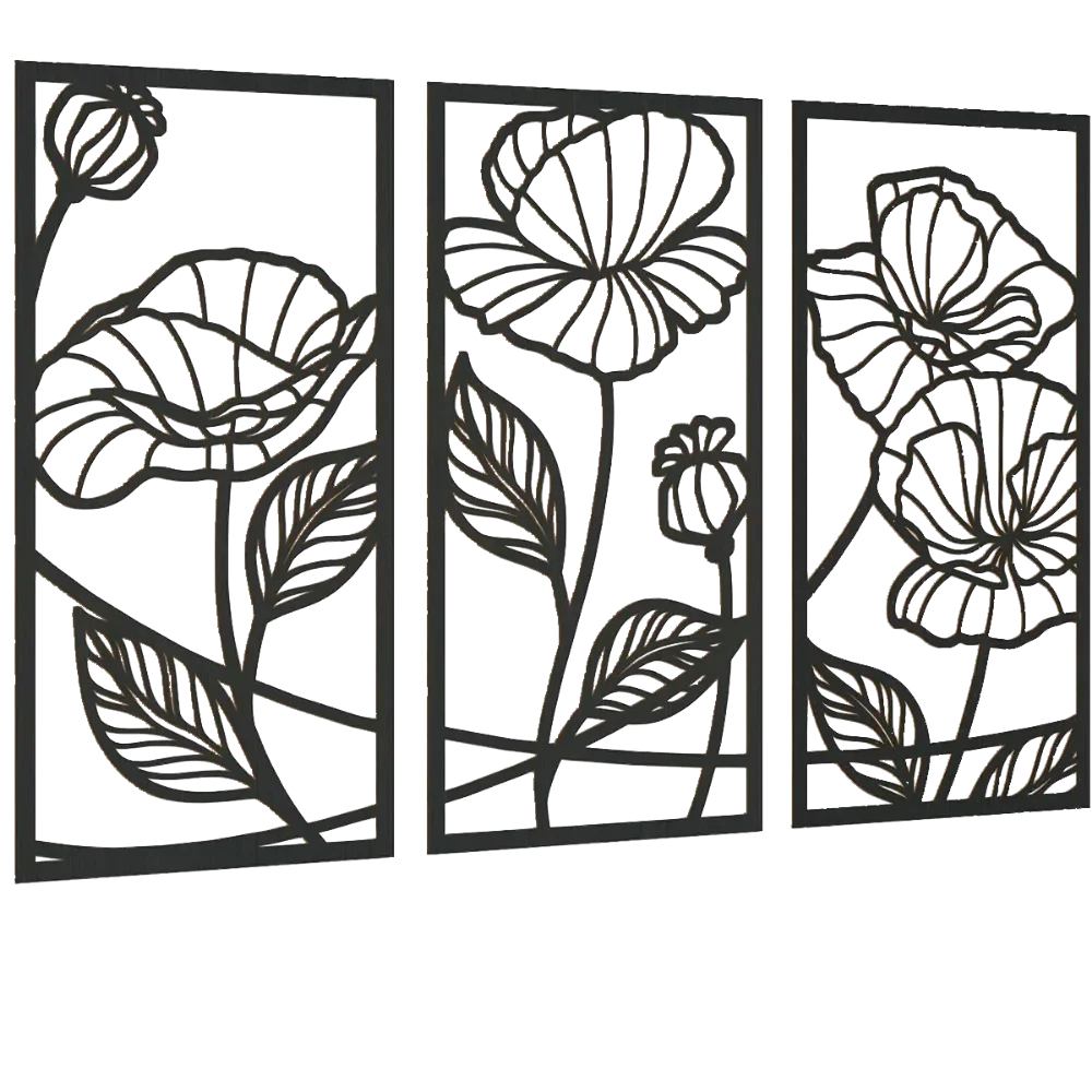 Set of 3 Abstract Floral Black Metal Wall Art Panels