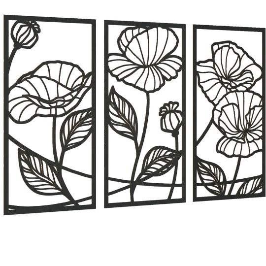 Set of 3 Abstract Floral Black Metal Wall Art Panels