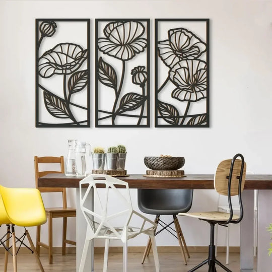 Set of 3 Abstract Floral Black Metal Wall Art Panels