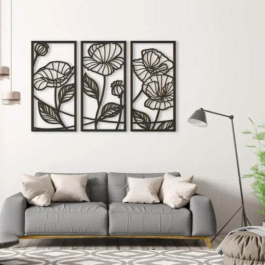 Set of 3 Abstract Floral Black Metal Wall Art Panels
