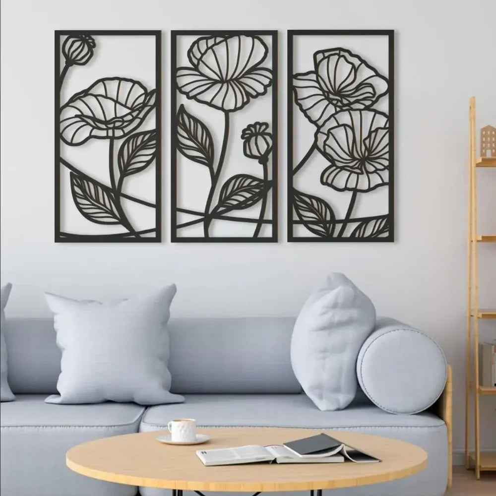 Set of 3 Abstract Floral Black Metal Wall Art Panels