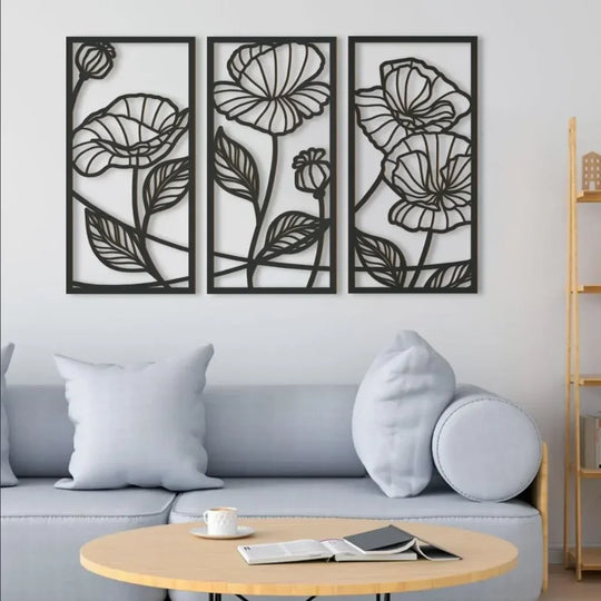 Set of 3 Abstract Floral Black Metal Wall Art Panels
