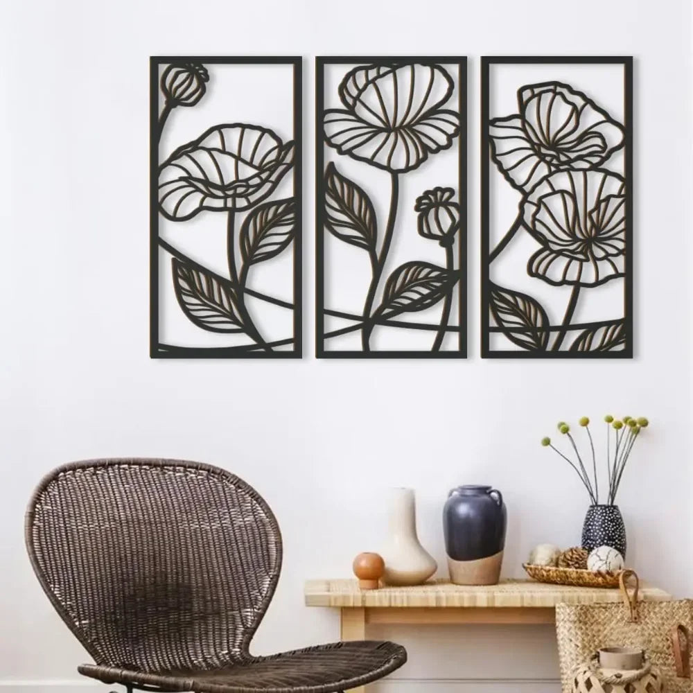 Set of 3 Abstract Floral Black Metal Wall Art Panels