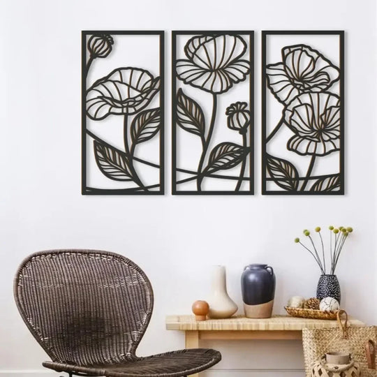 Set of 3 Abstract Floral Black Metal Wall Art Panels
