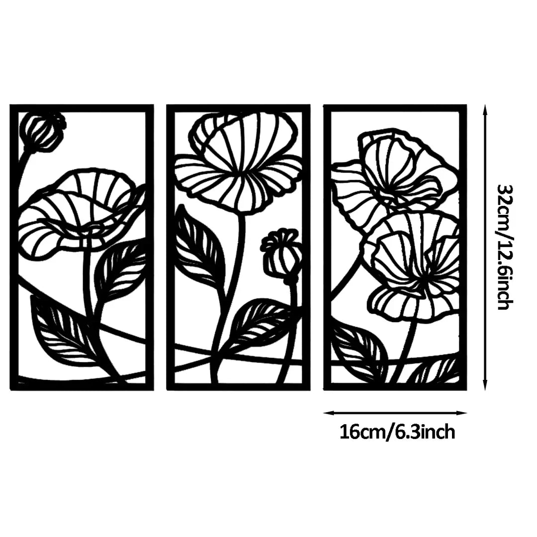 Set of 3 Abstract Floral Black Metal Wall Art Panels
