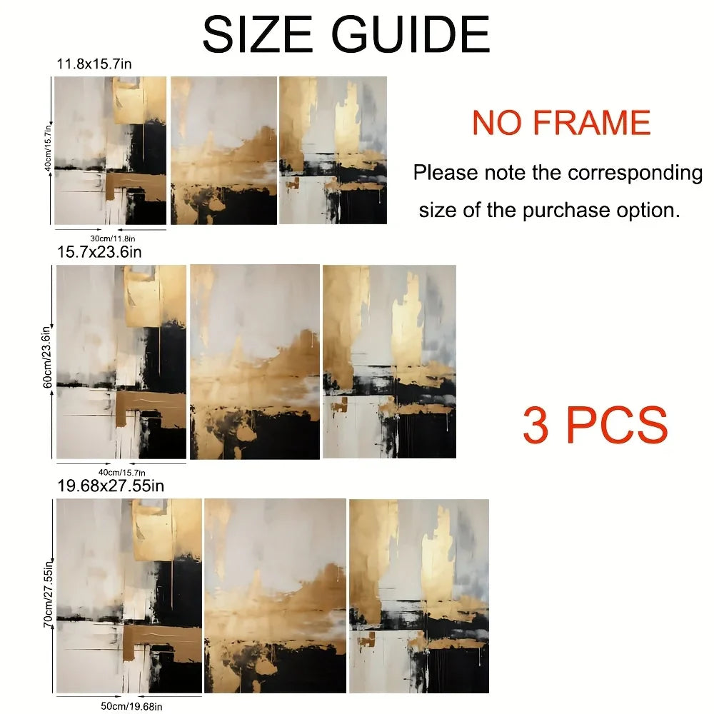 Black Beige Golden Color Block Abstract Canvas Wall Art Set