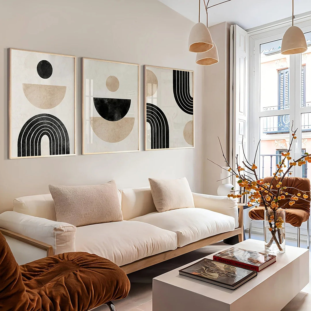 Black Beige Minimalist Geometric Canvas Wall Art Set