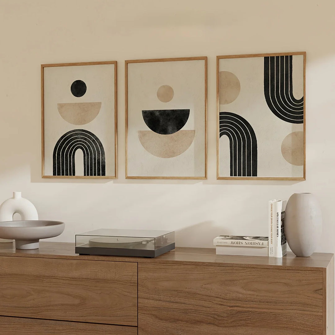 Black Beige Minimalist Geometric Canvas Wall Art Set