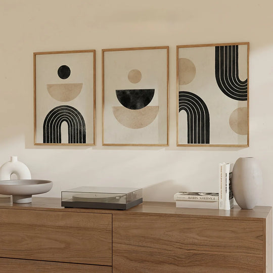 Black Beige Minimalist Geometric Canvas Wall Art Set