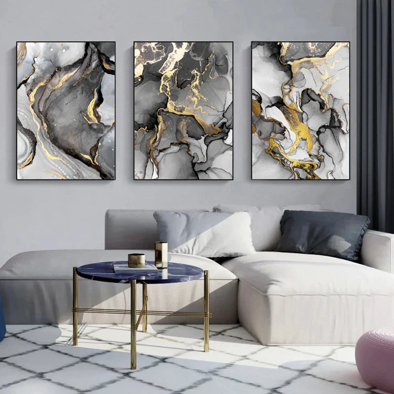 Black Gold Grey Marble Canvas Wall Art – Set of 3 (Unframed)