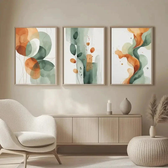 Burnt Orange Green Flowing Abstract Canvas Wall Art Set