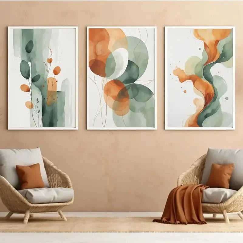Burnt Orange Green Flowing Abstract Canvas Wall Art Set