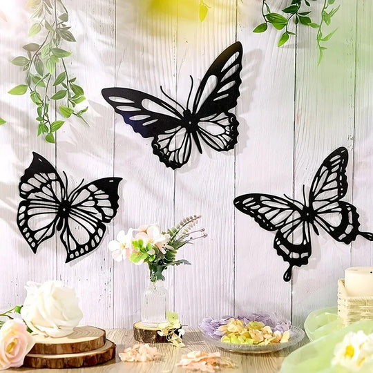 Set of 3 Butterflies Black Metal Wall Art Decor