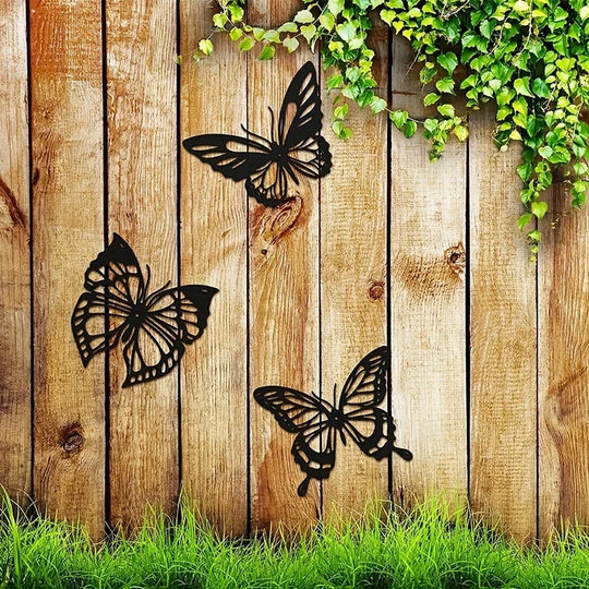 Set of 3 Butterflies Black Metal Wall Art Decor
