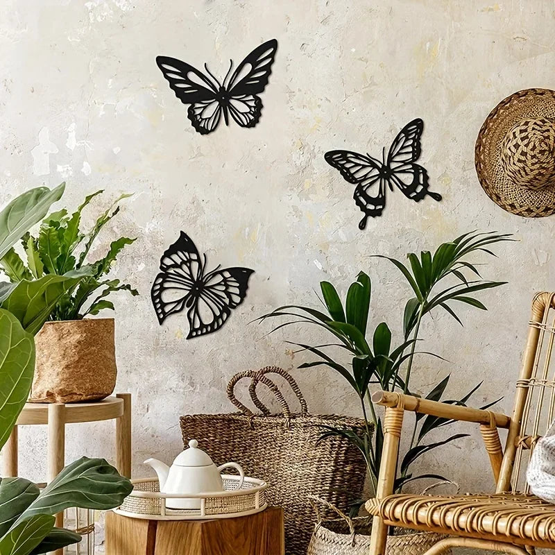 Set of 3 Butterflies Black Metal Wall Art Decor
