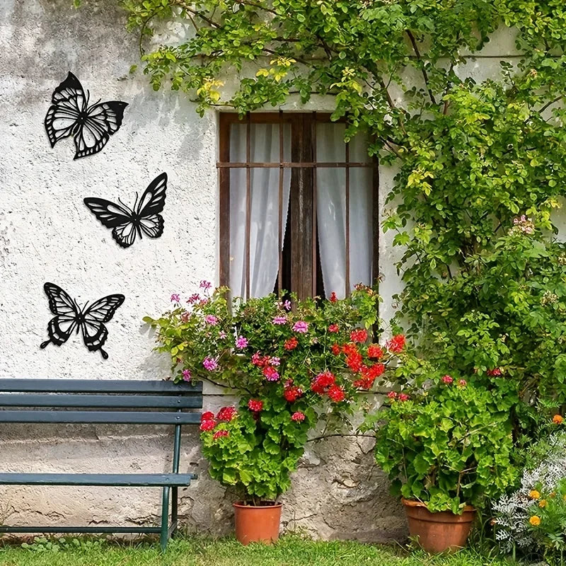 Set of 3 Butterflies Black Metal Wall Art Decor