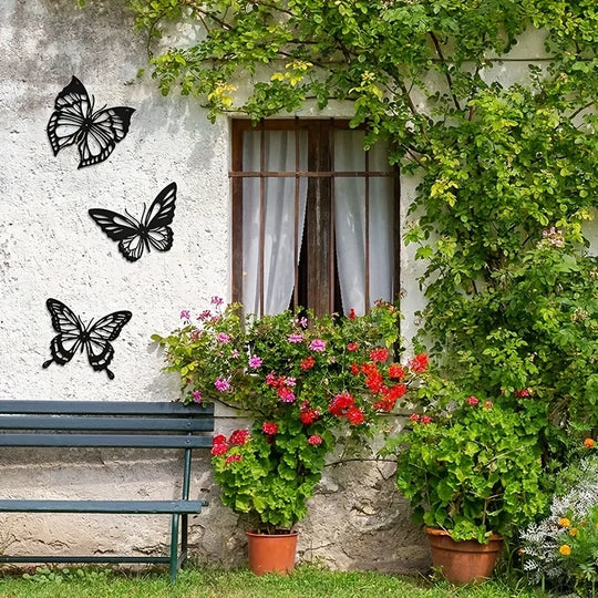 Set of 3 Butterflies Black Metal Wall Art Decor