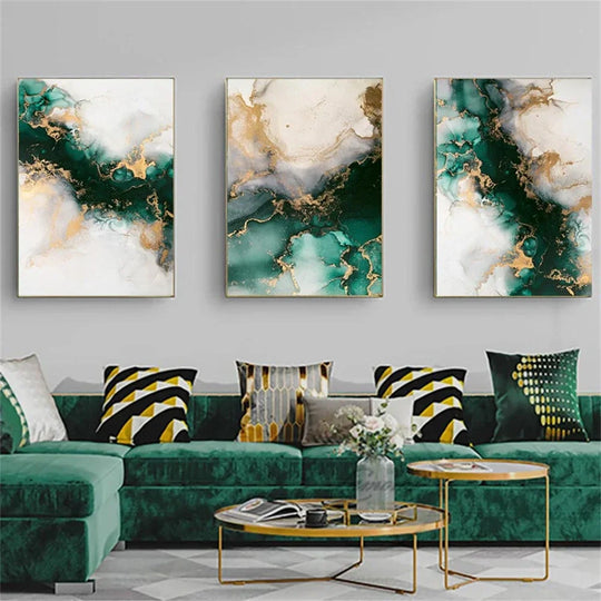 Chic Green Golden Marble Abstract Canvas Wall Art Set of 3