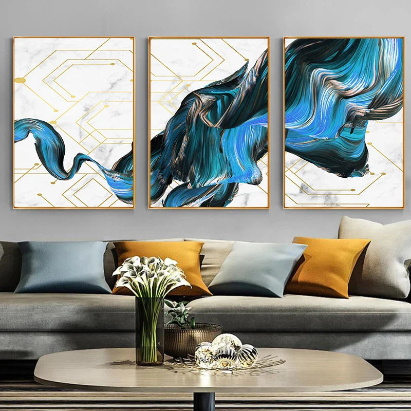 Electric Blue Flowing Abstract Canvas Wall Art Set of 3