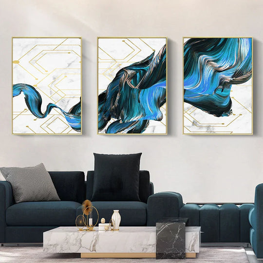 Electric Blue Flowing Abstract Canvas Wall Art Set of 3
