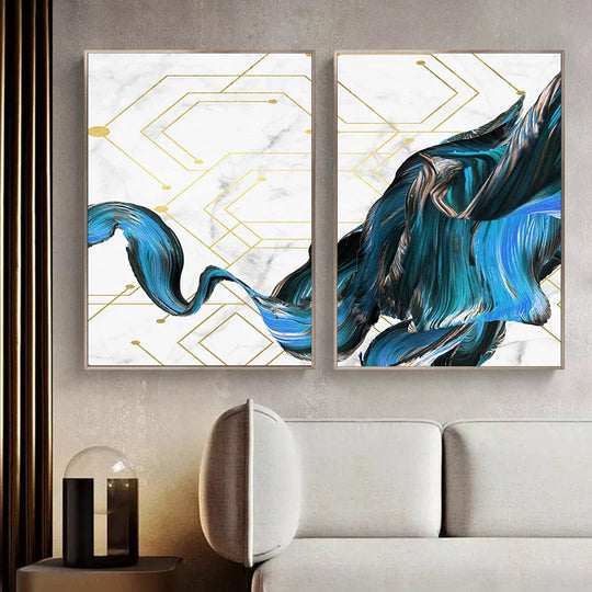 Electric Blue Flowing Abstract Canvas Wall Art Set of 3