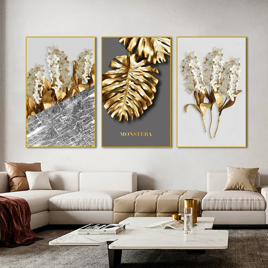 Golden Leaf White Floral Abstract Canvas Wall Art Set