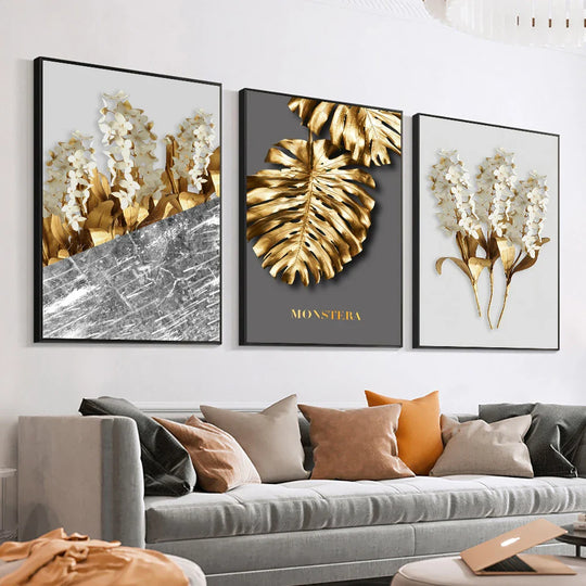 Golden Leaf White Floral Abstract Canvas Wall Art Set