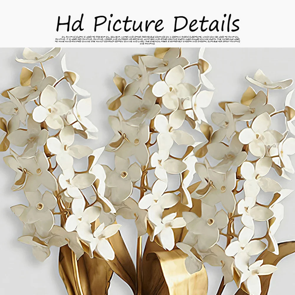 Golden Leaf White Floral Abstract Canvas Wall Art Set