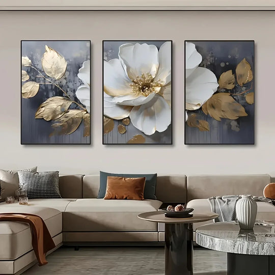 Set of 3 Golden White Floral Abstract Canvas Wall Art