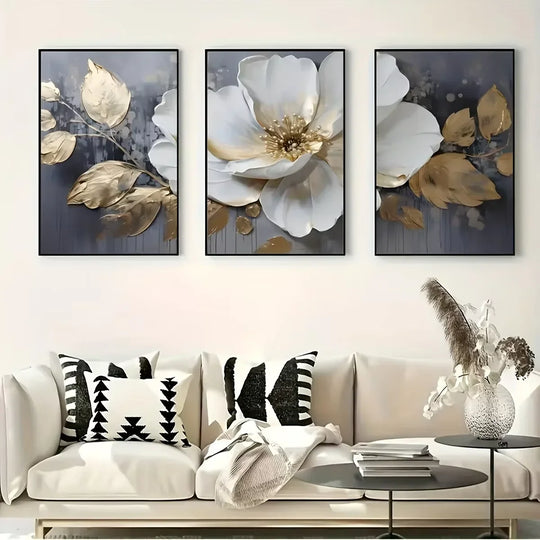 Set of 3 Golden White Floral Abstract Canvas Wall Art