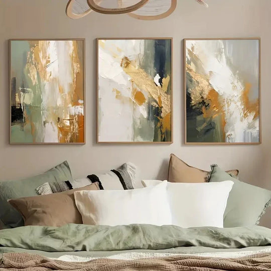 Green Golden Sunrise Abstract Canvas Wall Art Set