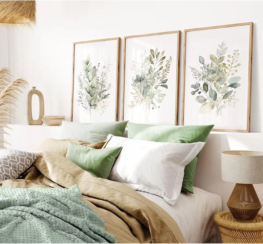 Green Meadow Flowers Botanical Canvas Wall Art Set of 3