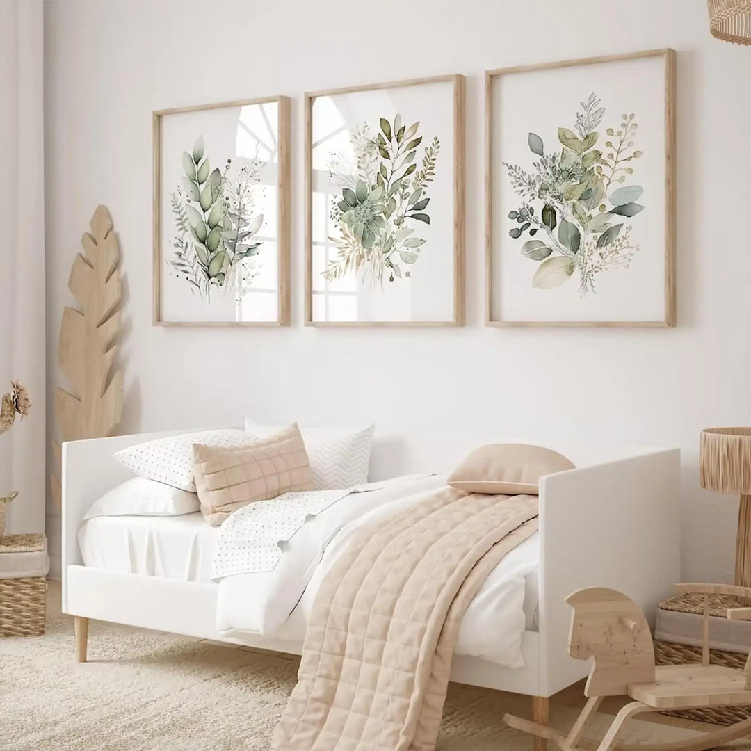 Green Meadow Flowers Botanical Canvas Wall Art Set of 3