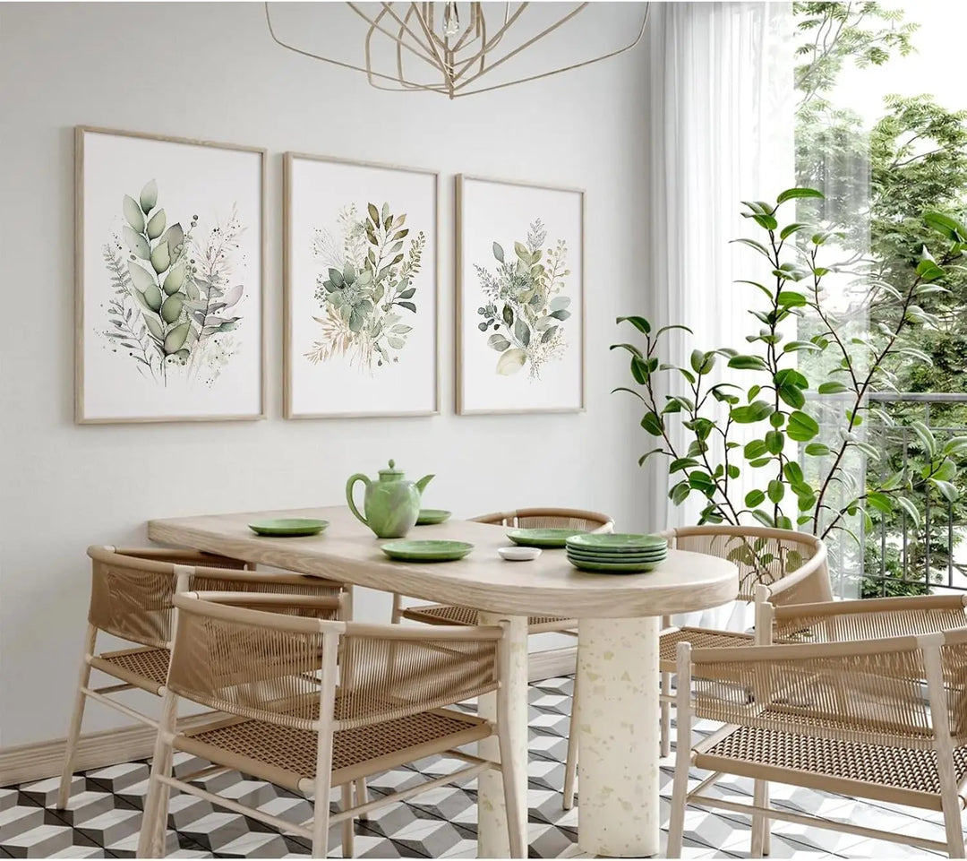 Green Meadow Flowers Botanical Canvas Wall Art Set of 3