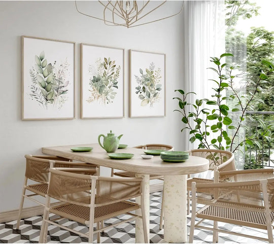 Green Meadow Flowers Botanical Canvas Wall Art Set of 3