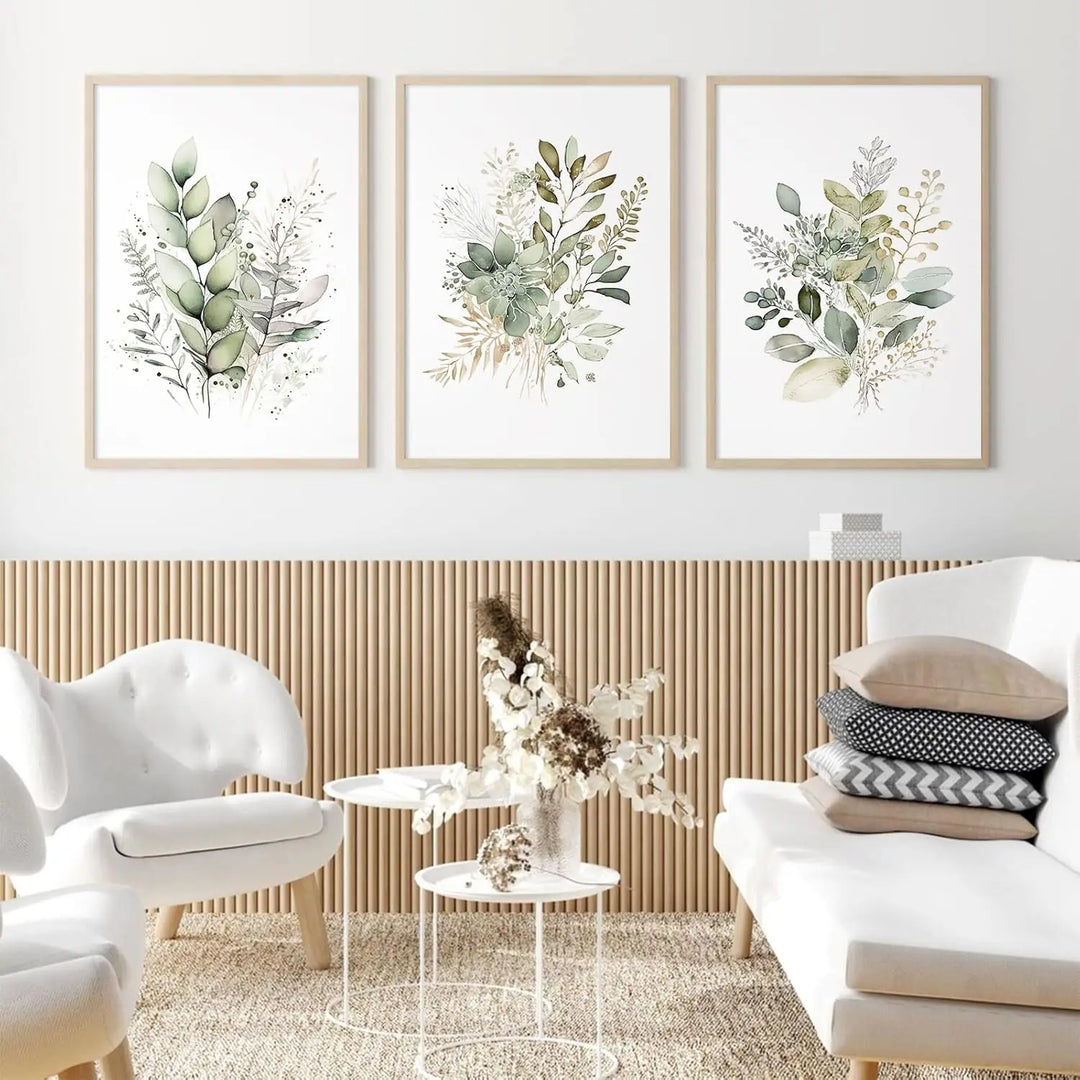 Green Meadow Flowers Botanical Canvas Wall Art Set of 3