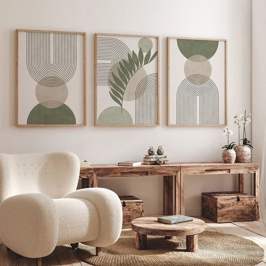 Set of 3 Abstract Geometric Botanical Canvas Wall Art