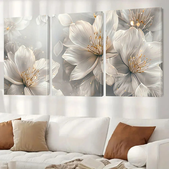 Set of 3 Neutral White Floral Abstract Canvas Wall Art