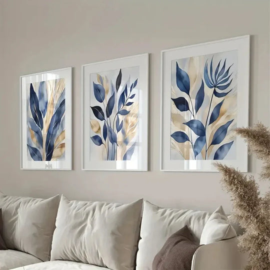 Simple Blue Beige Floral Abstract Canvas Wall Art Set of 3