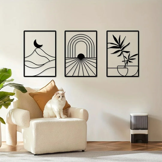 Set of 3 Sun Moon Botanical Silhouette Black Metal Wall Art