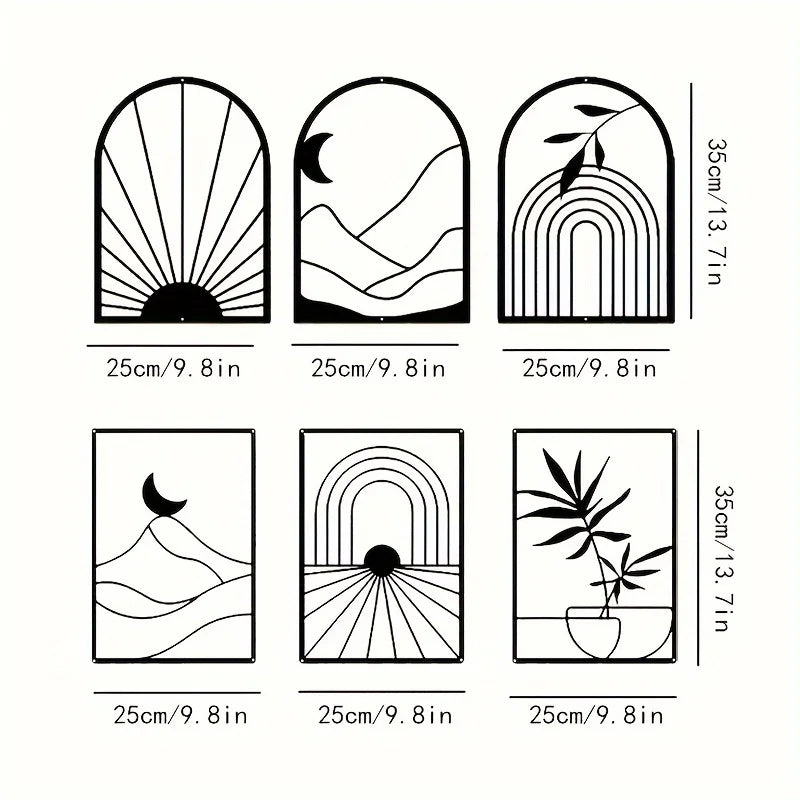 Set of 3 Sun Moon Botanical Silhouette Black Metal Wall Art