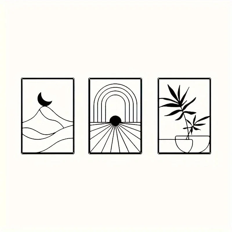 Set of 3 Sun Moon Botanical Silhouette Black Metal Wall Art