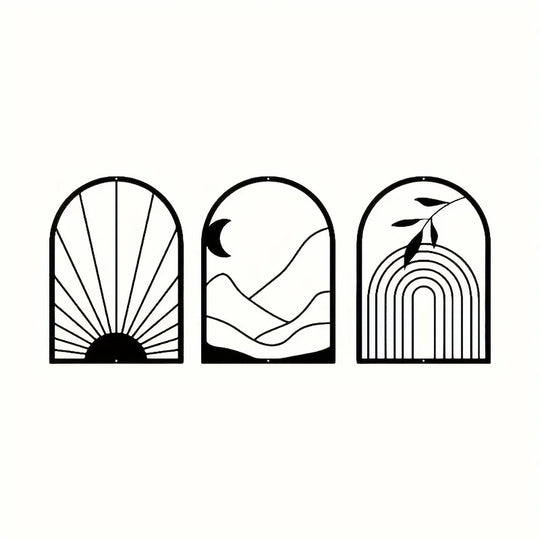Set of 3 Sun Moon Botanical Silhouette Black Metal Wall Art