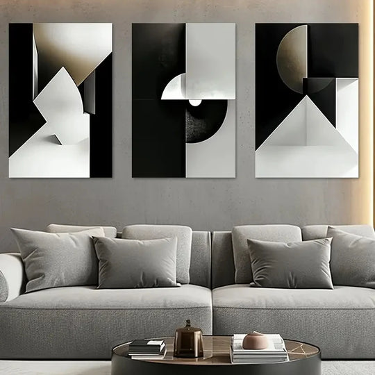 Modern Black Grey Geometric Abstract Canvas Wall Art Set of 3