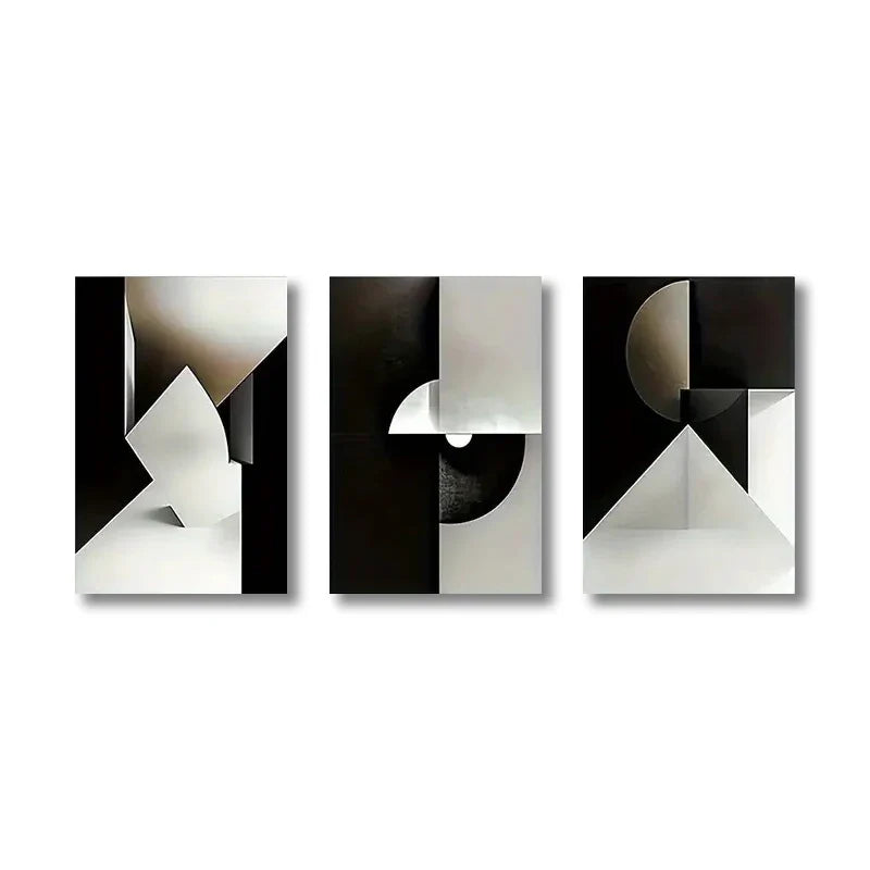 Modern Black Grey Geometric Abstract Canvas Wall Art Set of 3