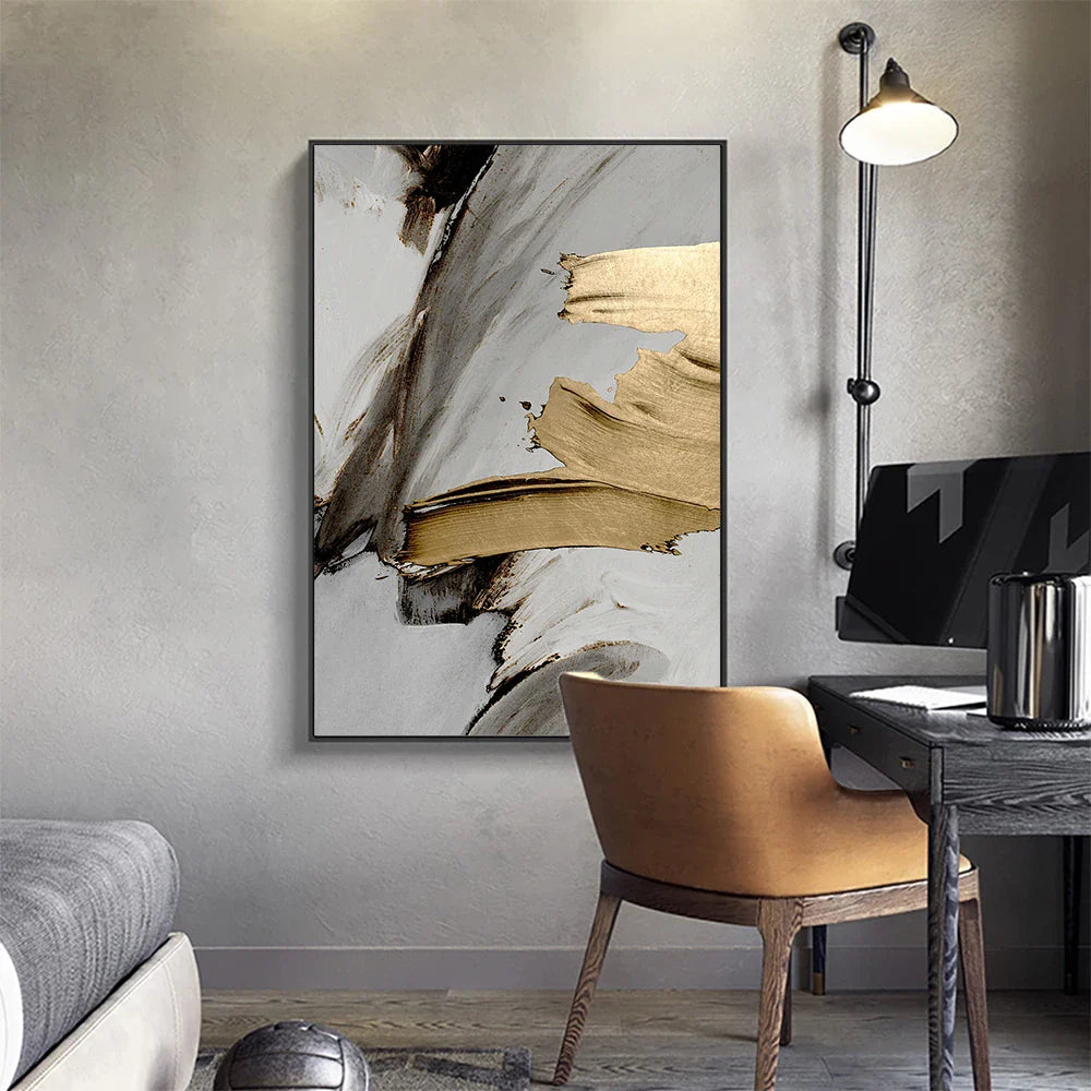 Set of 3 Thick Brush Grey Golden Abstract Canvas Wall Art
