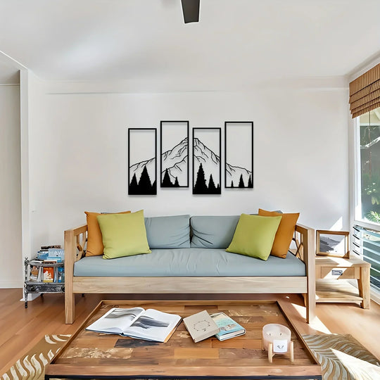 Set of 4 Forest Mountain Landscape Black Metal Wall Art