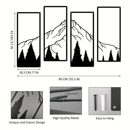 Set of 4 Forest Mountain Landscape Black Metal Wall Art