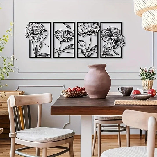 Set of 4 Modern Floral Black Metal Wall Art Plaques
