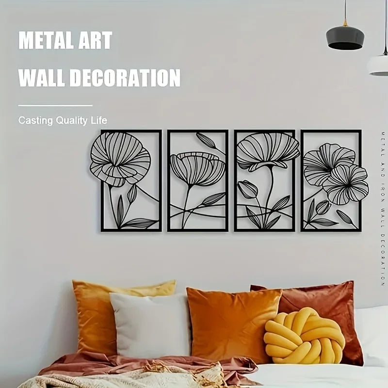 Set of 4 Modern Floral Black Metal Wall Art Plaques